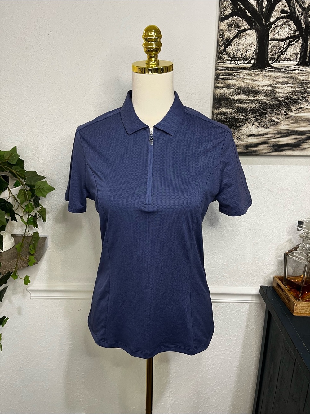NWT Callaway Small True Navy Heather Zip-Front Polo Top
